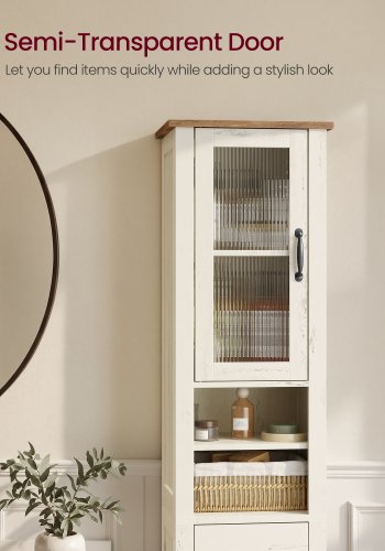 VASAGLE LIRY Kollektion - Badev�relsesskab, Landhus-smalt gulvskab med �bne rum, 1 skuffe, d�re, Rustik hvid og honningbrun, 31,5 x 33 x 171 cm BBK660W101