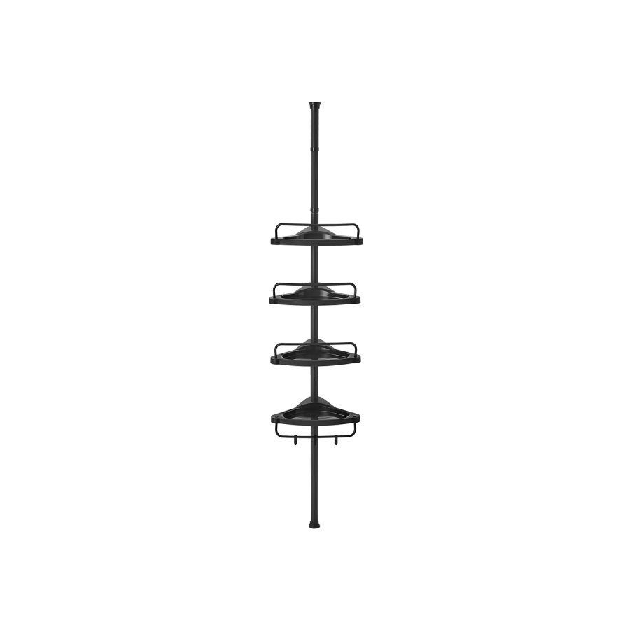SONGMICS Justerbar h�rnhylla f�r badrum, teleskopisk duschh�llare, 85-305 cm, golv till tak, med 4 hyllplan, 3 krokar, svart BCB001B01
