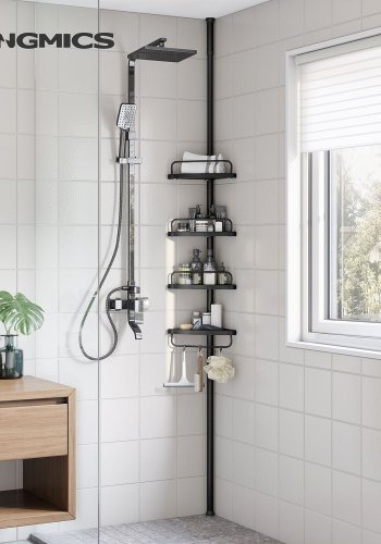 SONGMICS Justerbar h�rnhylla f�r badrum, teleskopisk duschh�llare, 85-305 cm, golv till tak, med 4 hyllplan, 3 krokar, svart BCB001B01