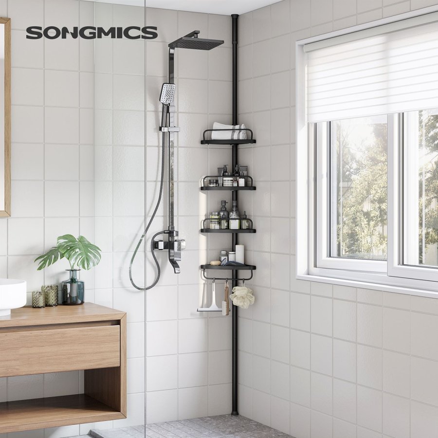 SONGMICS Justerbar h�rnhylla f�r badrum, teleskopisk duschh�llare, 85-305 cm, golv till tak, med 4 hyllplan, 3 krokar, svart BCB001B01