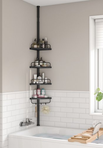 SONGMICS Justerbar h�rnhylla f�r badrum, teleskopisk duschh�llare, 85-305 cm, golv till tak, med 4 hyllplan, 3 krokar, svart BCB001B01