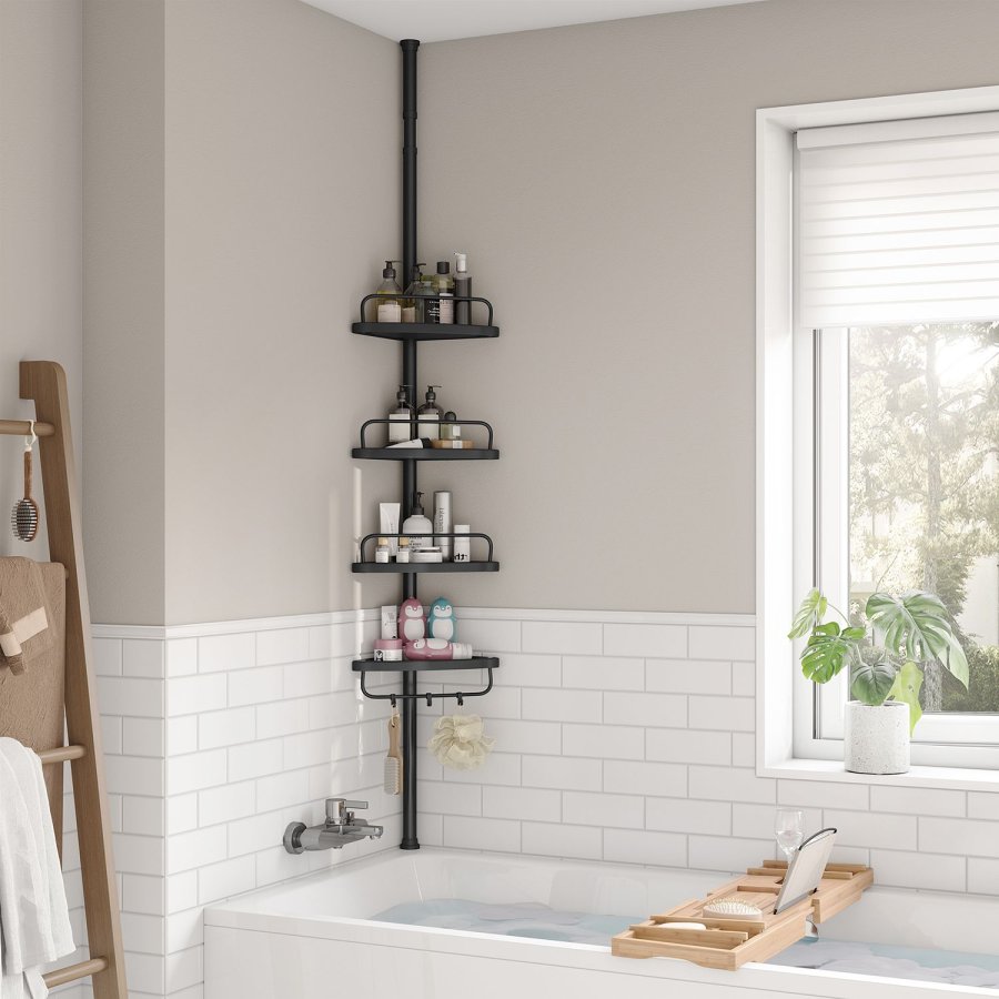 SONGMICS Justerbar h�rnhylla f�r badrum, teleskopisk duschh�llare, 85-305 cm, golv till tak, med 4 hyllplan, 3 krokar, svart BCB001B01