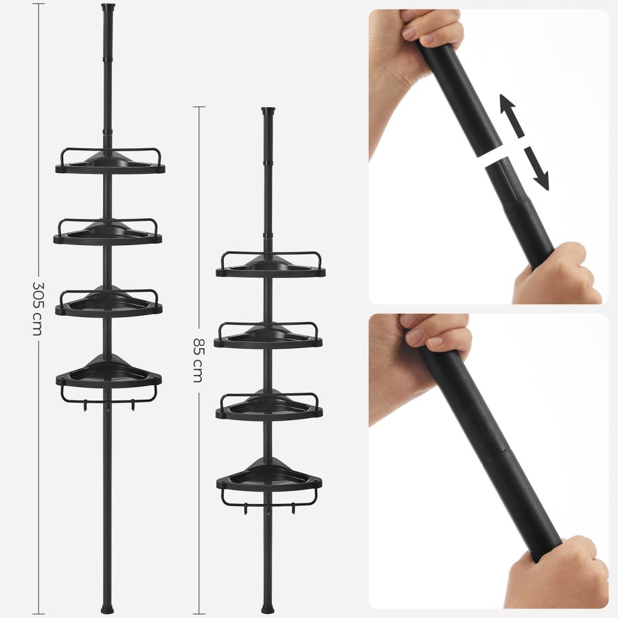 SONGMICS Justerbar h�rnhylla f�r badrum, teleskopisk duschh�llare, 85-305 cm, golv till tak, med 4 hyllplan, 3 krokar, svart BCB001B01