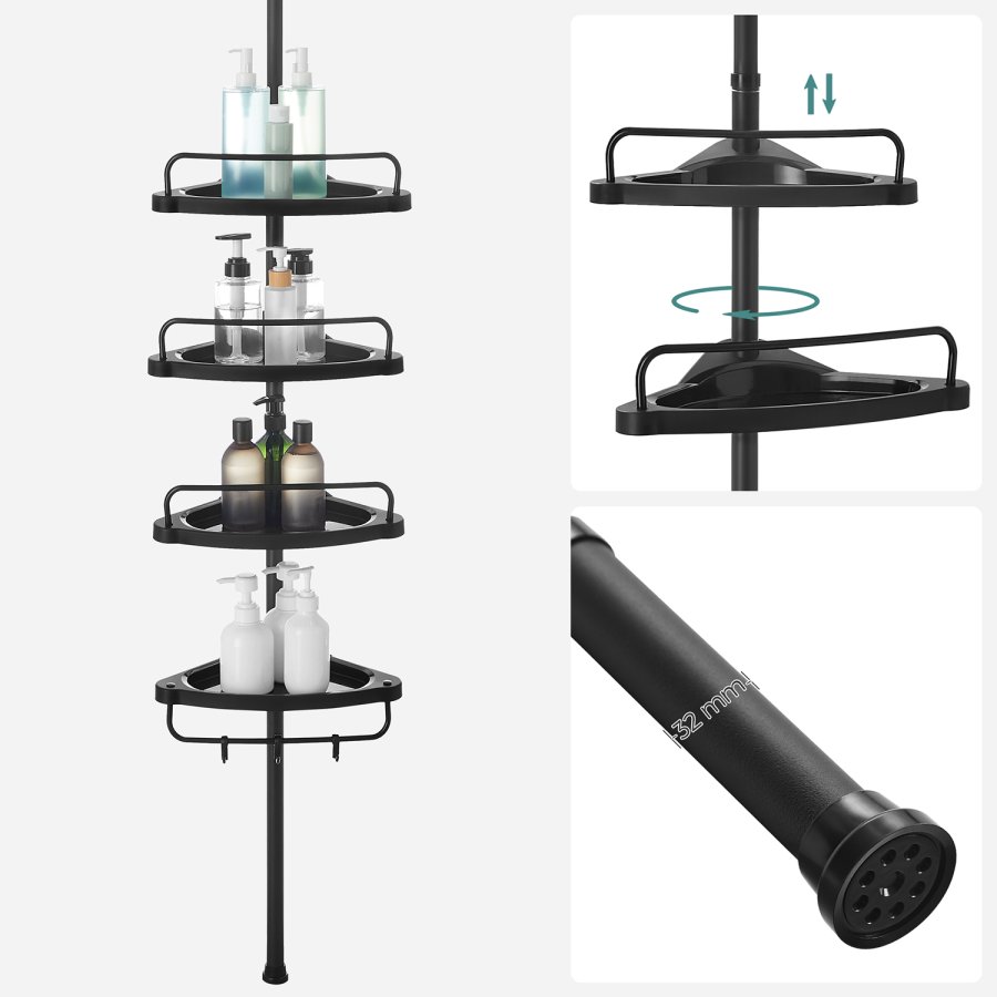 SONGMICS Justerbar h�rnhylla f�r badrum, teleskopisk duschh�llare, 85-305 cm, golv till tak, med 4 hyllplan, 3 krokar, svart BCB001B01