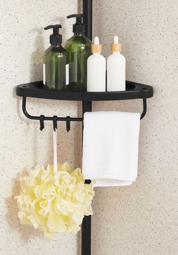 SONGMICS Justerbar h�rnhylla f�r badrum, teleskopisk duschh�llare, 85-305 cm, golv till tak, med 4 hyllplan, 3 krokar, svart BCB001B01