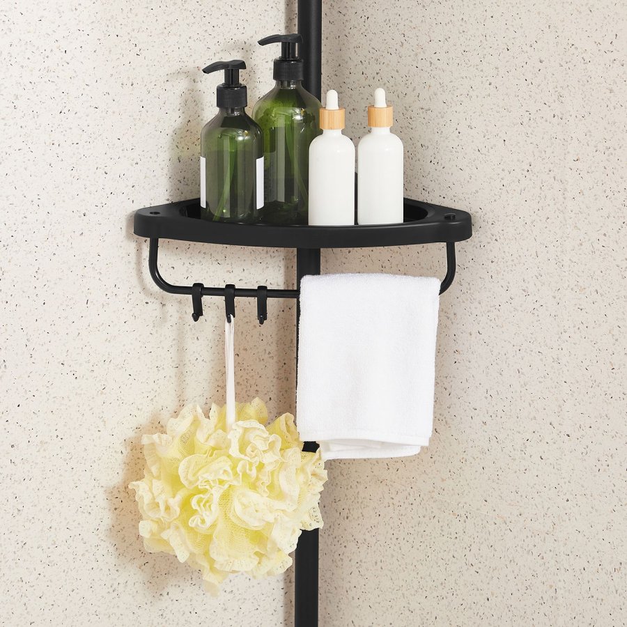SONGMICS Justerbar h�rnhylla f�r badrum, teleskopisk duschh�llare, 85-305 cm, golv till tak, med 4 hyllplan, 3 krokar, svart BCB001B01