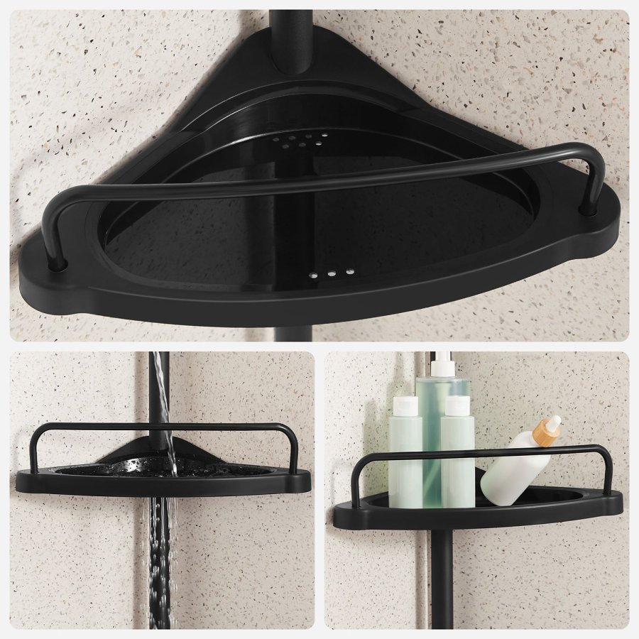 SONGMICS Justerbar h�rnhylla f�r badrum, teleskopisk duschh�llare, 85-305 cm, golv till tak, med 4 hyllplan, 3 krokar, svart BCB001B01