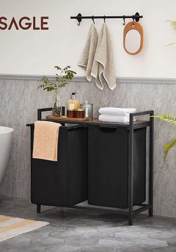 VASAGLE vasketjskurv, m. 2 udtrkkelige aftagelige vasketjsposer, 1 hylde - sort stof og sort stl