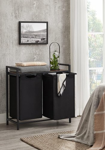 VASAGLE vasketjskurv, m. 2 udtrkkelige aftagelige vasketjsposer, 1 hylde - sort stof og sort stl