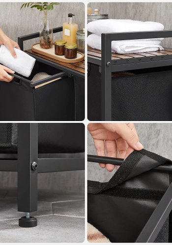 VASAGLE vasketjskurv, m. 2 udtrkkelige aftagelige vasketjsposer, 1 hylde - sort stof og sort stl