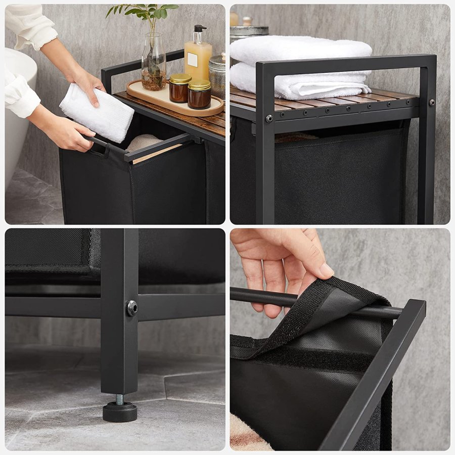 VASAGLE vasketjskurv, m. 2 udtrkkelige aftagelige vasketjsposer, 1 hylde - sort stof og sort stl