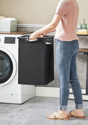 VASAGLE vasketjskurv, m. 2 udtrkkelige aftagelige vasketjsposer, 1 hylde - sort stof og sort stl