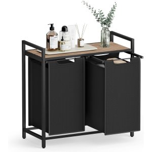 VASAGLE Skittent�yskurv, Skittent�yskurv med 2 rom, Uttrekkbare og avtakbare skittent�ysposer, Klessortering, Hylle, Metallramme, 2 x 46L, 73 x 33 x 72 cm, Kamelbrun og svart BLH201B50