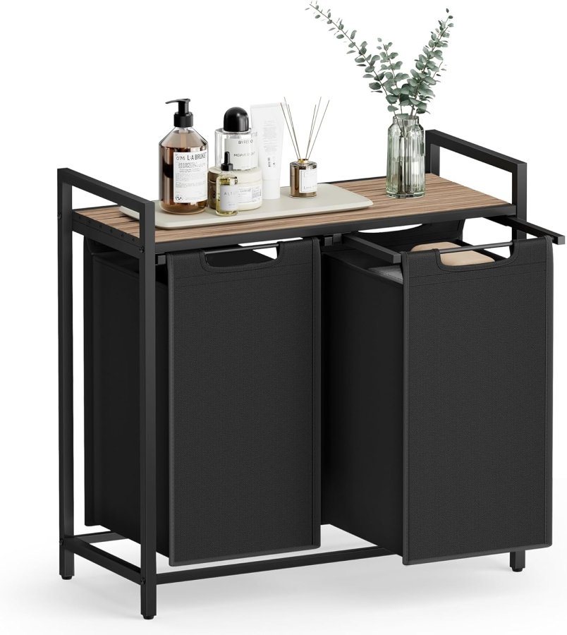 VASAGLE Skittent�yskurv, Skittent�yskurv med 2 rom, Uttrekkbare og avtakbare skittent�ysposer, Klessortering, Hylle, Metallramme, 2 x 46L, 73 x 33 x 72 cm, Kamelbrun og svart BLH201B50