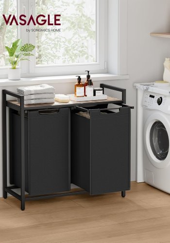 VASAGLE BLH201B50 vasket�jskurv, m. 2 rum, 1 hylde, udtr�kbare og aftagelige vasket�jsposer - kamelbrun MDF og sort stof/st�l