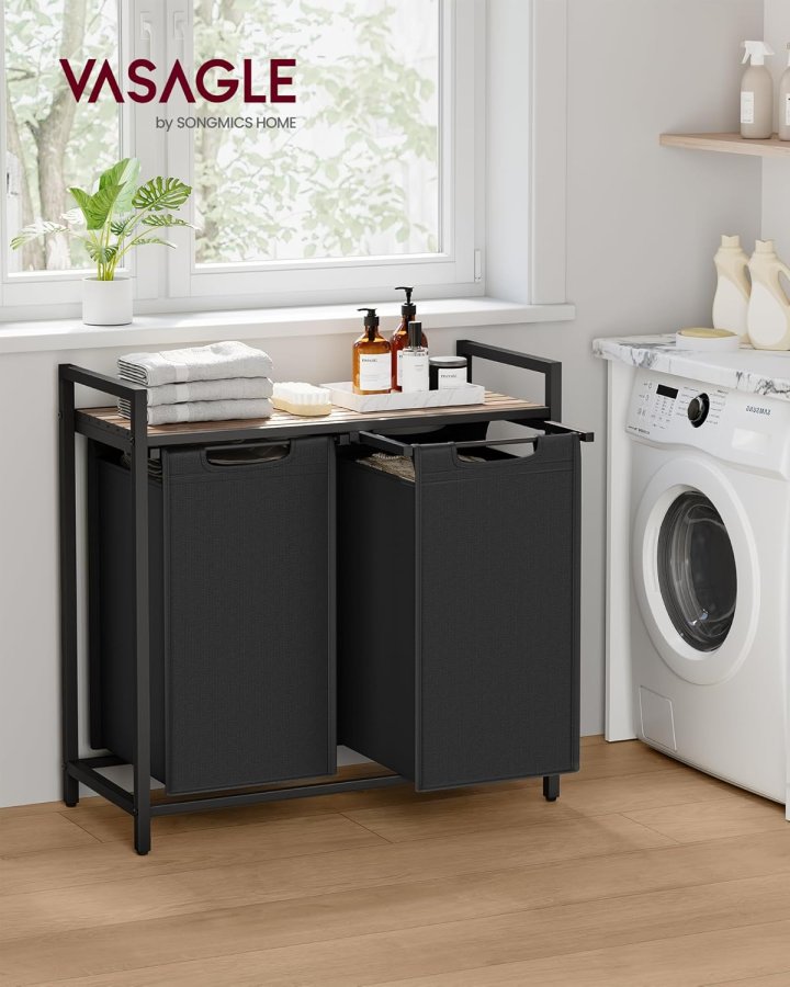 VASAGLE Skittent�yskurv, Skittent�yskurv med 2 rom, Uttrekkbare og avtakbare skittent�ysposer, Klessortering, Hylle, Metallramme, 2 x 46L, 73 x 33 x 72 cm, Kamelbrun og svart BLH201B50