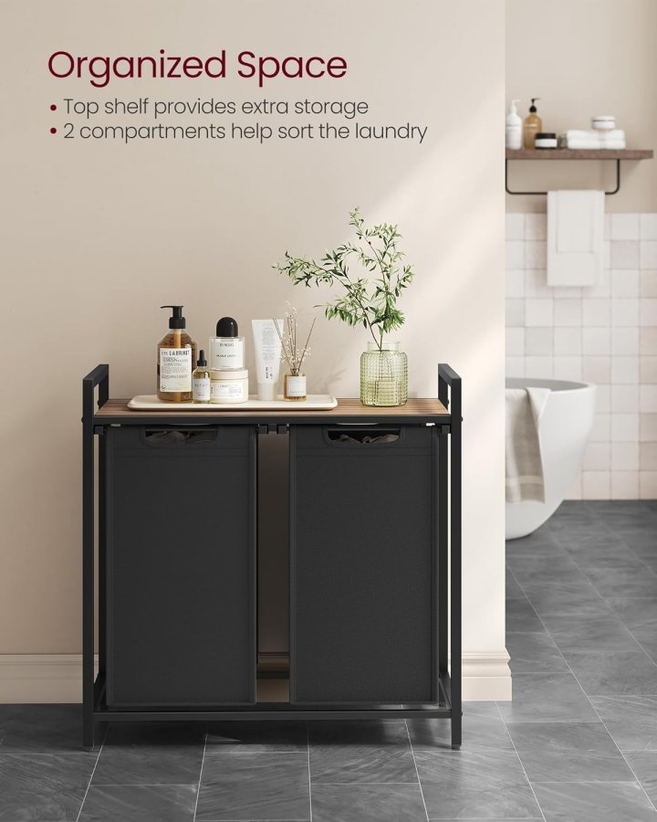 VASAGLE Skittent�yskurv, Skittent�yskurv med 2 rom, Uttrekkbare og avtakbare skittent�ysposer, Klessortering, Hylle, Metallramme, 2 x 46L, 73 x 33 x 72 cm, Kamelbrun og svart BLH201B50