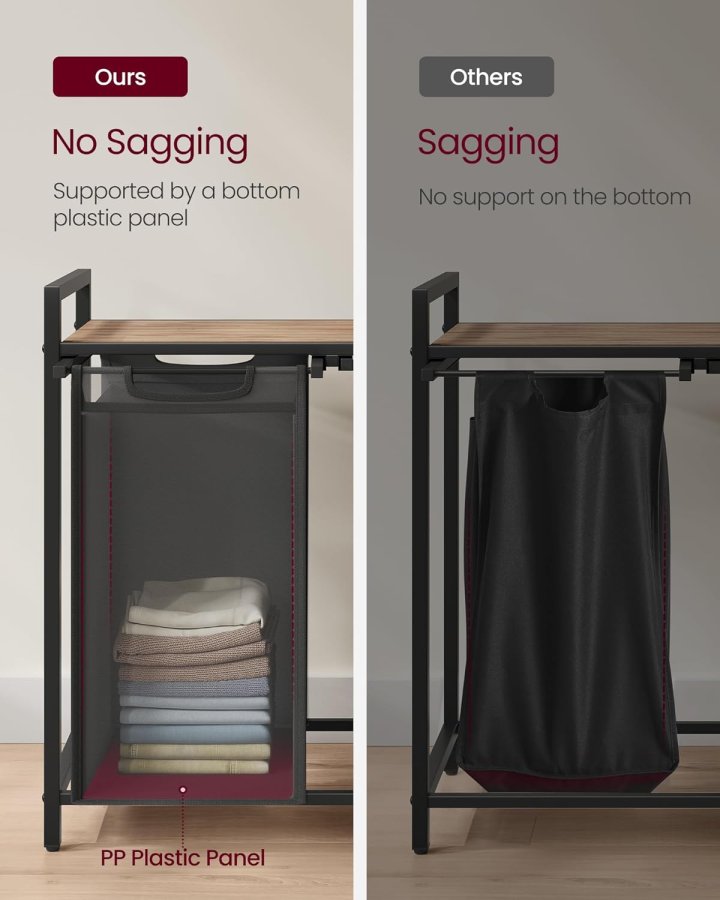 VASAGLE Skittent�yskurv, Skittent�yskurv med 2 rom, Uttrekkbare og avtakbare skittent�ysposer, Klessortering, Hylle, Metallramme, 2 x 46L, 73 x 33 x 72 cm, Kamelbrun og svart BLH201B50
