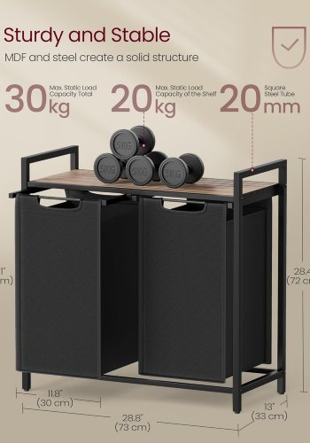 VASAGLE Skittent�yskurv, Skittent�yskurv med 2 rom, Uttrekkbare og avtakbare skittent�ysposer, Klessortering, Hylle, Metallramme, 2 x 46L, 73 x 33 x 72 cm, Kamelbrun og svart BLH201B50