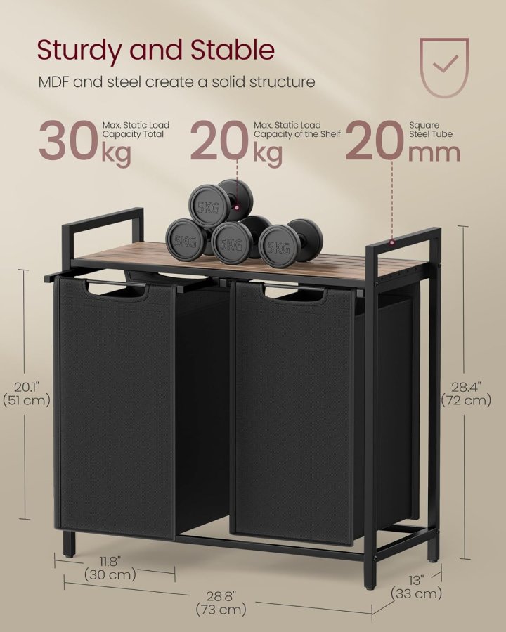VASAGLE Skittent�yskurv, Skittent�yskurv med 2 rom, Uttrekkbare og avtakbare skittent�ysposer, Klessortering, Hylle, Metallramme, 2 x 46L, 73 x 33 x 72 cm, Kamelbrun og svart BLH201B50
