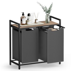 VASAGLE Skittent�yskurv, Skittent�yskurv med 2 rom, Uttrekkbare og avtakbare skittent�ysposer, Klessortering, Hylle, Metallramme, 2 x 46L, 73 x 33 x 72 cm, Kamelbrun og gr� BLH201G50