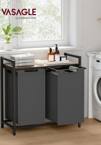 VASAGLE Skittent�yskurv, Skittent�yskurv med 2 rom, Uttrekkbare og avtakbare skittent�ysposer, Klessortering, Hylle, Metallramme, 2 x 46L, 73 x 33 x 72 cm, Kamelbrun og gr� BLH201G50