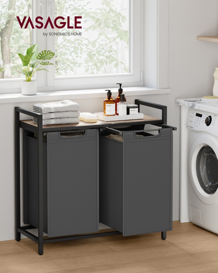 VASAGLE Skittent�yskurv, Skittent�yskurv med 2 rom, Uttrekkbare og avtakbare skittent�ysposer, Klessortering, Hylle, Metallramme, 2 x 46L, 73 x 33 x 72 cm, Kamelbrun og gr� BLH201G50