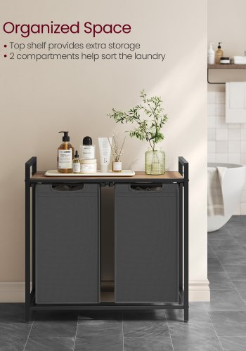 VASAGLE Skittent�yskurv, Skittent�yskurv med 2 rom, Uttrekkbare og avtakbare skittent�ysposer, Klessortering, Hylle, Metallramme, 2 x 46L, 73 x 33 x 72 cm, Kamelbrun og gr� BLH201G50
