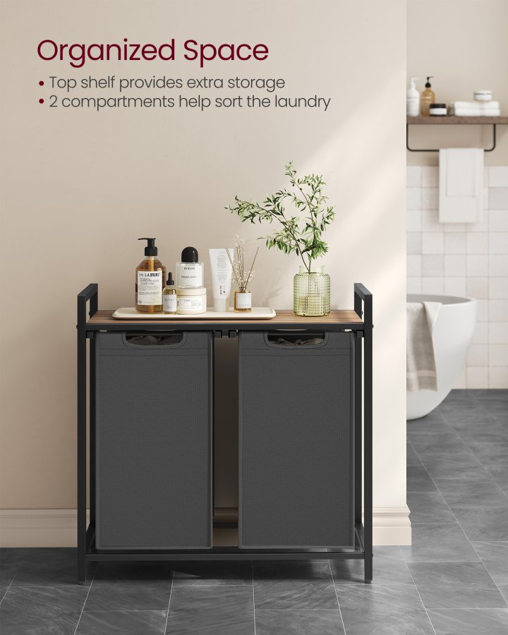 VASAGLE Skittent�yskurv, Skittent�yskurv med 2 rom, Uttrekkbare og avtakbare skittent�ysposer, Klessortering, Hylle, Metallramme, 2 x 46L, 73 x 33 x 72 cm, Kamelbrun og gr� BLH201G50