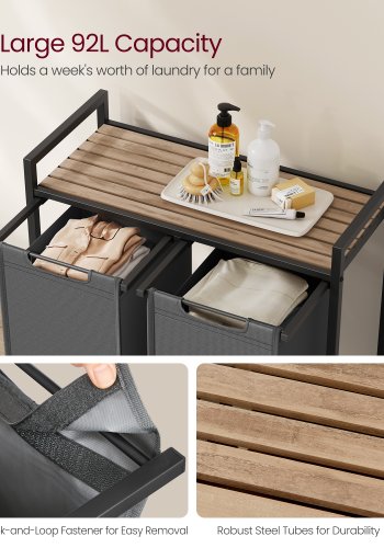 VASAGLE Skittent�yskurv, Skittent�yskurv med 2 rom, Uttrekkbare og avtakbare skittent�ysposer, Klessortering, Hylle, Metallramme, 2 x 46L, 73 x 33 x 72 cm, Kamelbrun og gr� BLH201G50