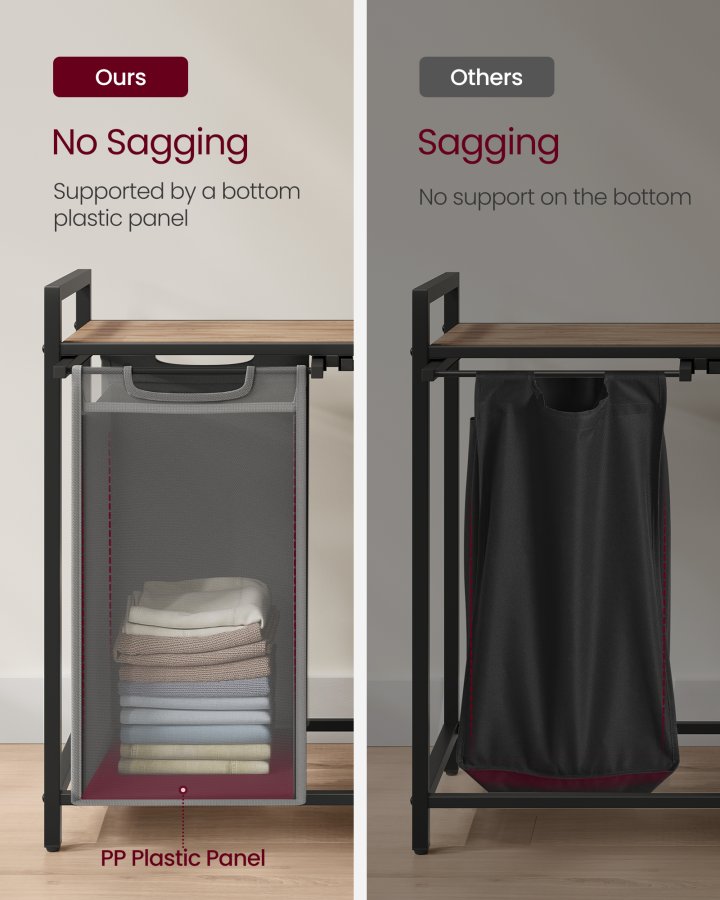 VASAGLE Skittent�yskurv, Skittent�yskurv med 2 rom, Uttrekkbare og avtakbare skittent�ysposer, Klessortering, Hylle, Metallramme, 2 x 46L, 73 x 33 x 72 cm, Kamelbrun og gr� BLH201G50