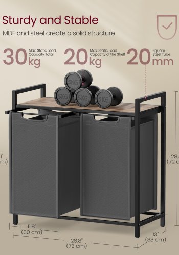 VASAGLE Skittent�yskurv, Skittent�yskurv med 2 rom, Uttrekkbare og avtakbare skittent�ysposer, Klessortering, Hylle, Metallramme, 2 x 46L, 73 x 33 x 72 cm, Kamelbrun og gr� BLH201G50