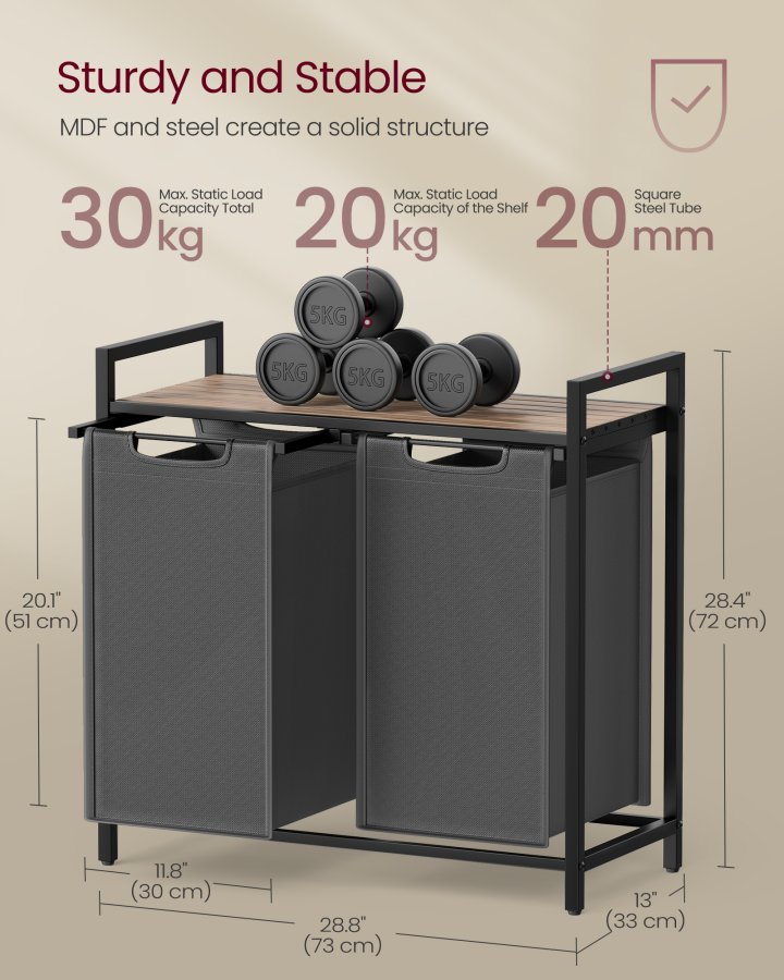 VASAGLE Skittent�yskurv, Skittent�yskurv med 2 rom, Uttrekkbare og avtakbare skittent�ysposer, Klessortering, Hylle, Metallramme, 2 x 46L, 73 x 33 x 72 cm, Kamelbrun og gr� BLH201G50