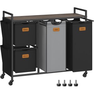 VASAGLE Tv&auml;ttkorg med 4 fack, 150 liters tv&auml;ttsortering, rullande tv&auml;ttvagn med hyllor, avtagbara foder, 6 etiketter, kastanjebrun, bl&auml;cksvart och duvgr� BLH203B01