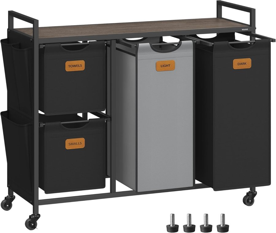 VASAGLE Skittent�yskurv med 4 rom, 150 liter sortering av t�y, rullende skittent�ysvogn med hyller, avtakbare innerlag, 6 etiketter, kastanjebrun, blekksvart og duegr� BLH203B01
