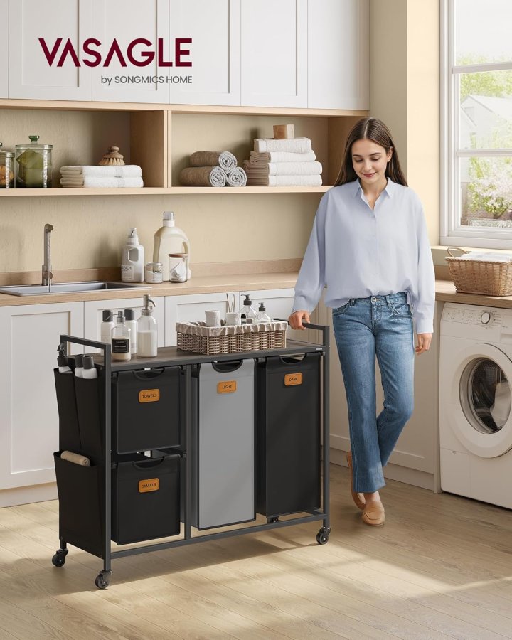 VASAGLE Skittent�yskurv med 4 rom, 150 liter sortering av t�y, rullende skittent�ysvogn med hyller, avtakbare innerlag, 6 etiketter, kastanjebrun, blekksvart og duegr� BLH203B01
