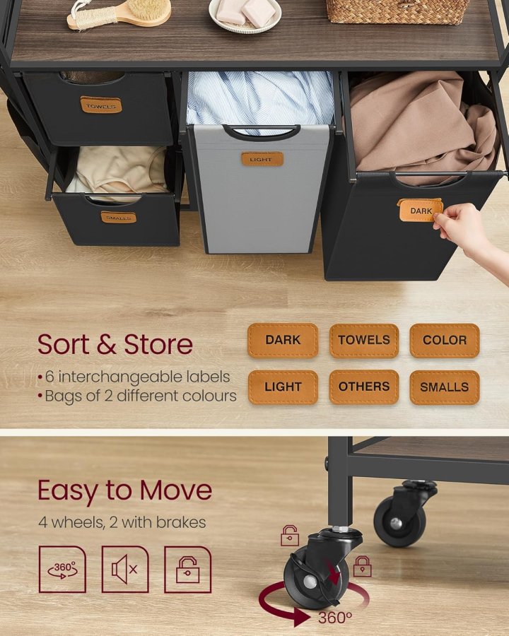 VASAGLE Skittent�yskurv med 4 rom, 150 liter sortering av t�y, rullende skittent�ysvogn med hyller, avtakbare innerlag, 6 etiketter, kastanjebrun, blekksvart og duegr� BLH203B01