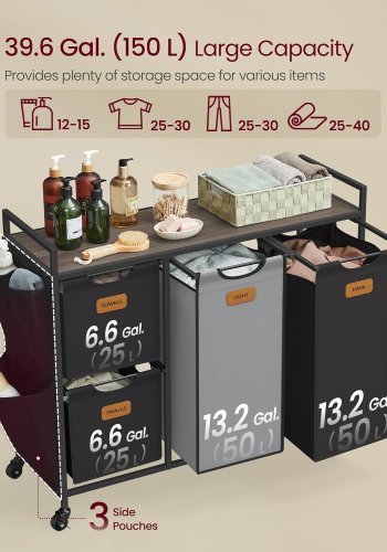VASAGLE Skittent�yskurv med 4 rom, 150 liter sortering av t�y, rullende skittent�ysvogn med hyller, avtakbare innerlag, 6 etiketter, kastanjebrun, blekksvart og duegr� BLH203B01