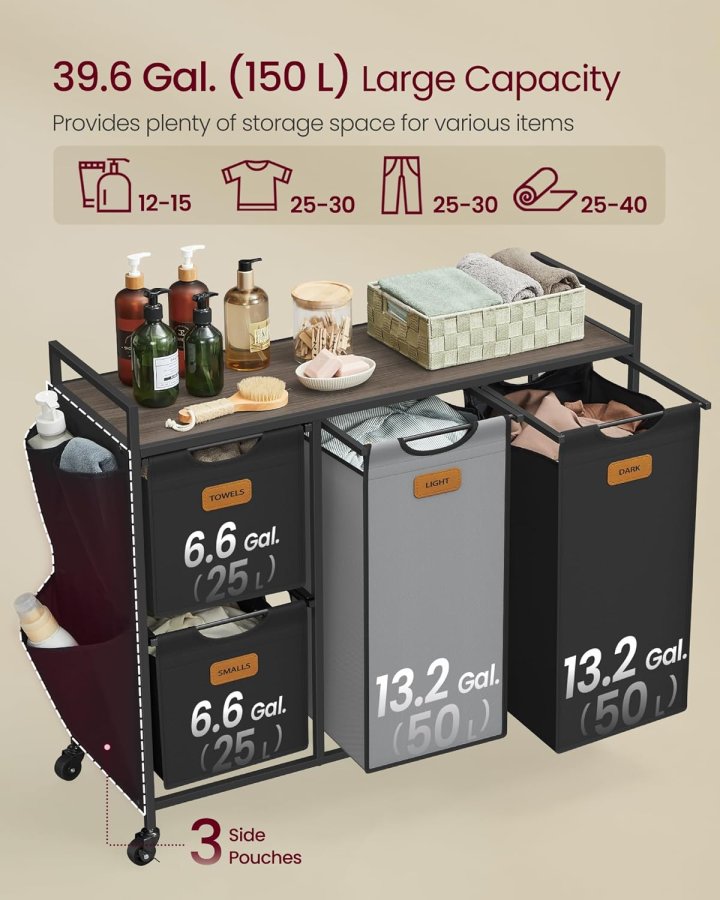 VASAGLE Skittent�yskurv med 4 rom, 150 liter sortering av t�y, rullende skittent�ysvogn med hyller, avtakbare innerlag, 6 etiketter, kastanjebrun, blekksvart og duegr� BLH203B01