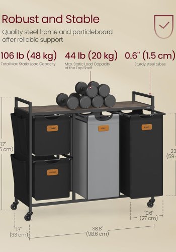 VASAGLE Skittent�yskurv med 4 rom, 150 liter sortering av t�y, rullende skittent�ysvogn med hyller, avtakbare innerlag, 6 etiketter, kastanjebrun, blekksvart og duegr� BLH203B01