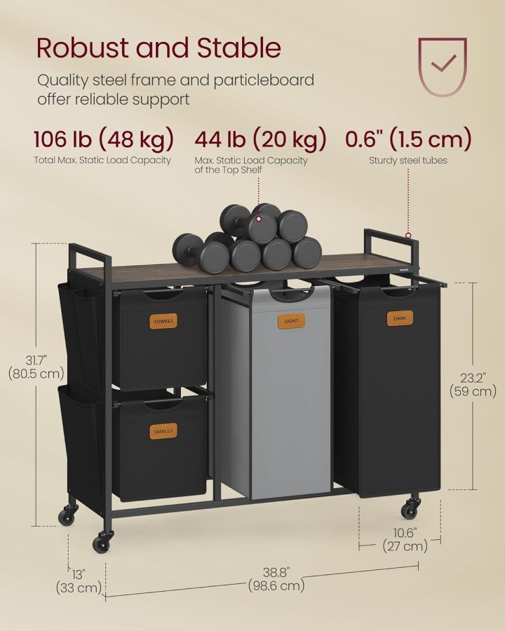 VASAGLE Skittent�yskurv med 4 rom, 150 liter sortering av t�y, rullende skittent�ysvogn med hyller, avtakbare innerlag, 6 etiketter, kastanjebrun, blekksvart og duegr� BLH203B01