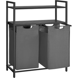VASAGLE vasketjskurv, m. 2 rum, 2 hylder, 2 udtrkkelige og aftagelige poser - gr stof/sort stl