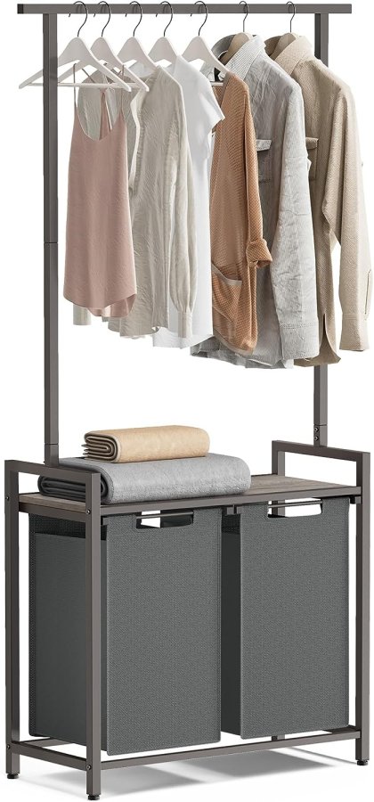 VASAGLE Wäschekorb, m. 1 Ablage, 2 herausnehmbaren Ausziehkörben, Kleiderstange – graue Spanplatte/grauer Stahl