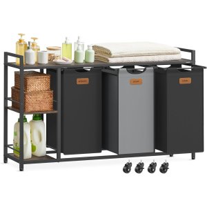 VASAGLE Tv&auml;ttkorg med 3 fack, 150 liters tv&auml;ttsortering, rullande tv&auml;ttvagn med hyllor, avtagbara foder, 6 etiketter, kastanjebrun, bl&auml;cksvart och duvgr� BLH312B01