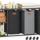 VASAGLE W&auml;schekorb mit 3 F&auml;chern, 150 l, W&auml;schesortierung, rollbarer W&auml;schewagen mit Ablagen, herausnehmbare Einlagen, 6 Etiketten, Kastanienbraun, Tintenschwarz und Taubengrau BLH312B01