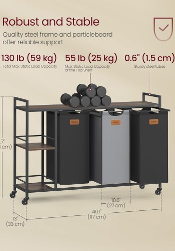 VASAGLE W&auml;schekorb mit 3 F&auml;chern, 150 l, W&auml;schesortierung, rollbarer W&auml;schewagen mit Ablagen, herausnehmbare Einlagen, 6 Etiketten, Kastanienbraun, Tintenschwarz und Taubengrau BLH312B01