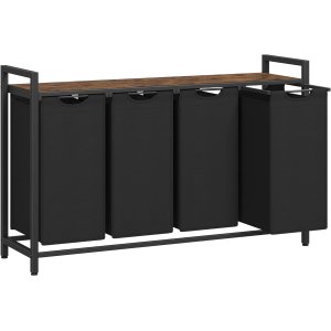 VASAGLE Tv&auml;ttkorg, Tv&auml;ttkorg med 4 fack, Utdragbara och avtagbara tv&auml;ttp�sar, Tv&auml;ttsortering, Hylla, Metallram, 4 x 40 l, 116 x 33 x 72 cm, Rustik brun och svart BLH401B01