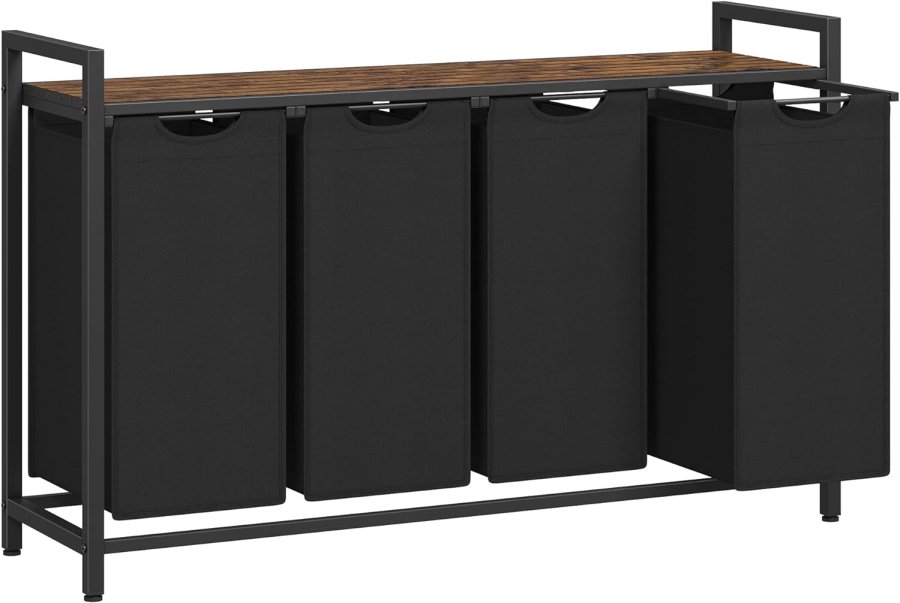 VASAGLE W&auml;schekorb, W&auml;schekorb mit 4 F&auml;chern, herausnehmbaren W&auml;sches&auml;cken, W&auml;schesortierung, Ablage, Metallrahmen, 4 x 40 l, 116 x 33 x 72 cm, Rustikales Braun und Schwarz BLH401B01