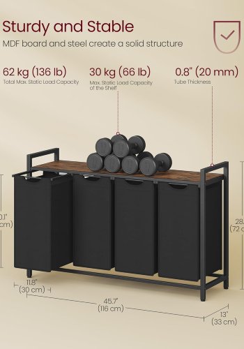 VASAGLE W&auml;schekorb, W&auml;schekorb mit 4 F&auml;chern, herausnehmbaren W&auml;sches&auml;cken, W&auml;schesortierung, Ablage, Metallrahmen, 4 x 40 l, 116 x 33 x 72 cm, Rustikales Braun und Schwarz BLH401B01