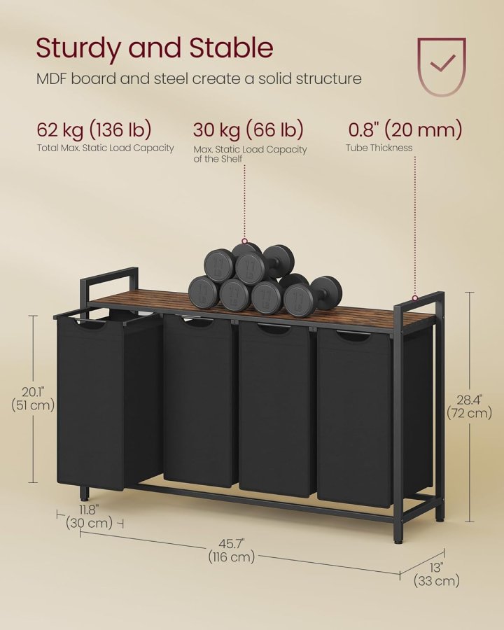 VASAGLE W&auml;schekorb, W&auml;schekorb mit 4 F&auml;chern, herausnehmbaren W&auml;sches&auml;cken, W&auml;schesortierung, Ablage, Metallrahmen, 4 x 40 l, 116 x 33 x 72 cm, Rustikales Braun und Schwarz BLH401B01